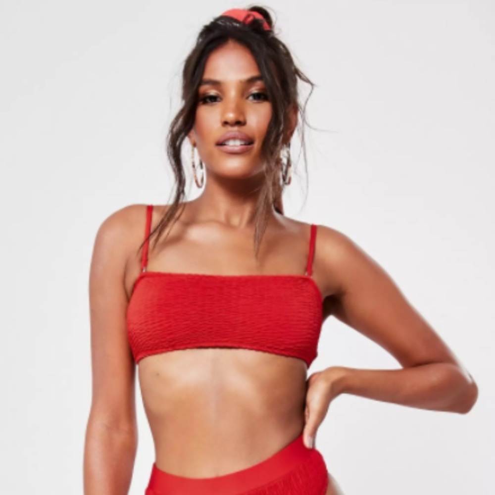 Red bathing suit top and bottoms